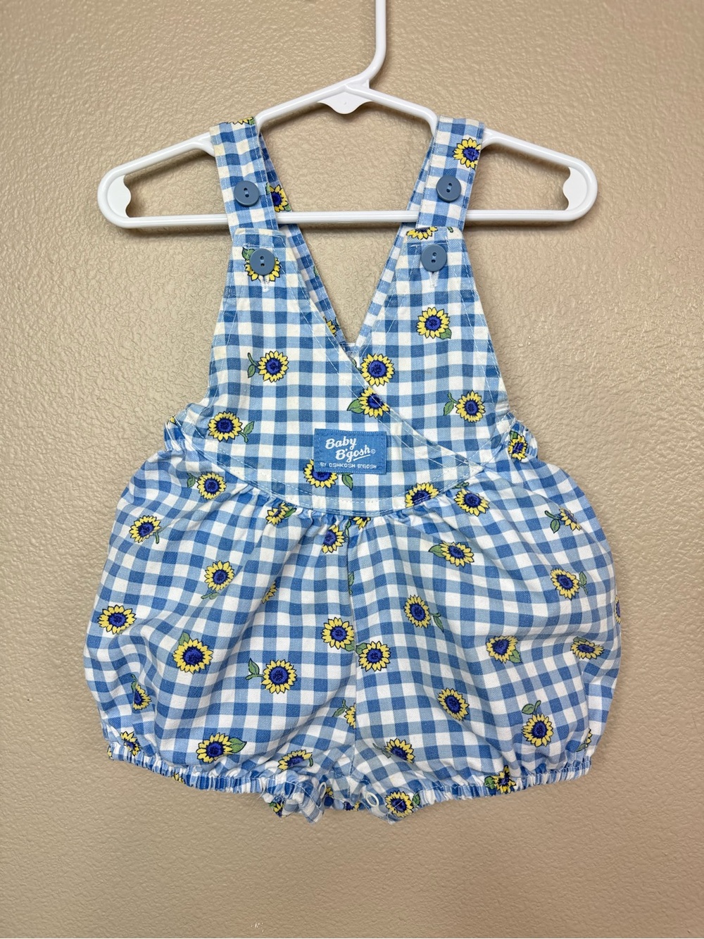 Vintage OshKosh B’Gosh gingham sunflower crossover bubble Overalls 12 Months